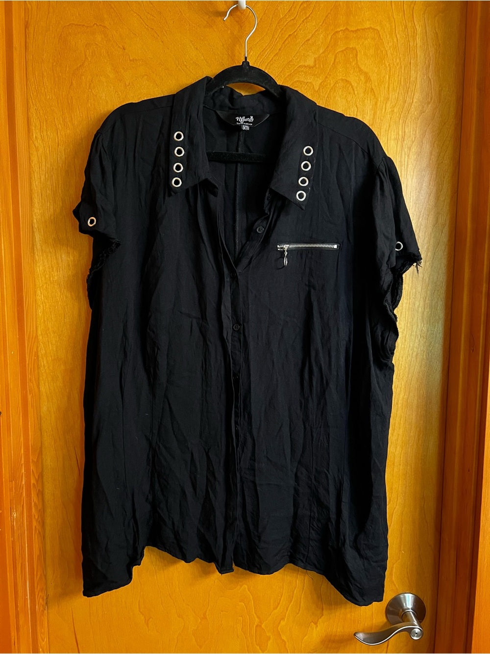Hell Bunny Black Short-Sleeve Button-Down Shirt with Silver Grommets